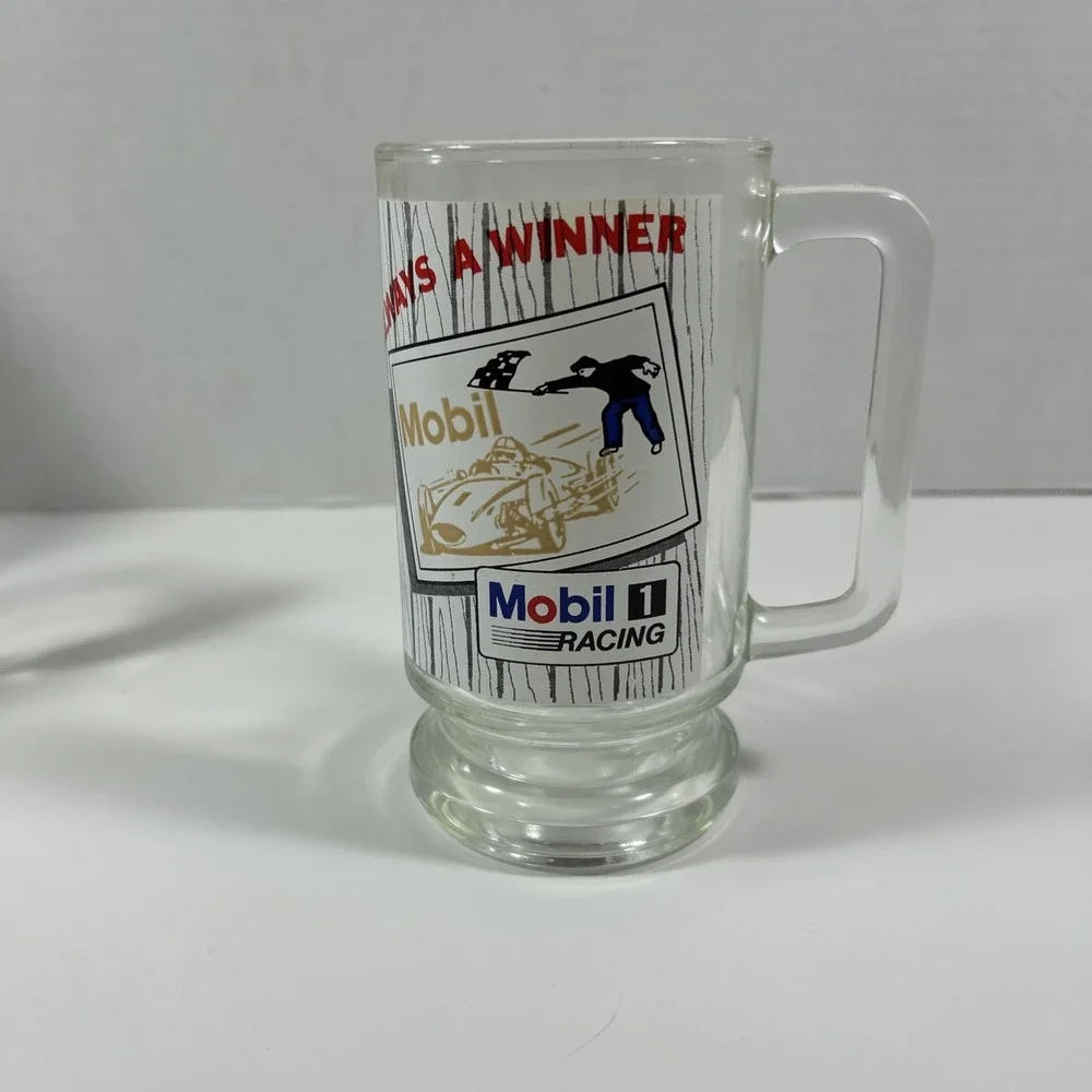 Mobil 1 Racing Always A Winner Advertising Beer Mug‎ Glass Red White Blue Glass